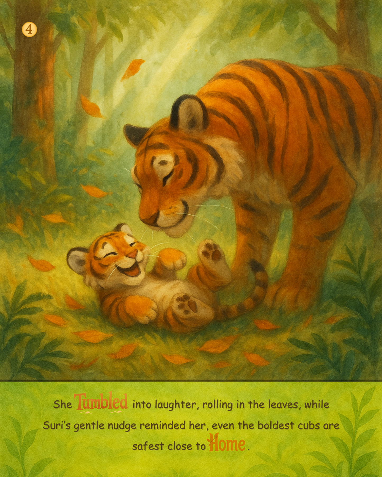 Illustration of a tiger and cub in a forest setting with text underneath.