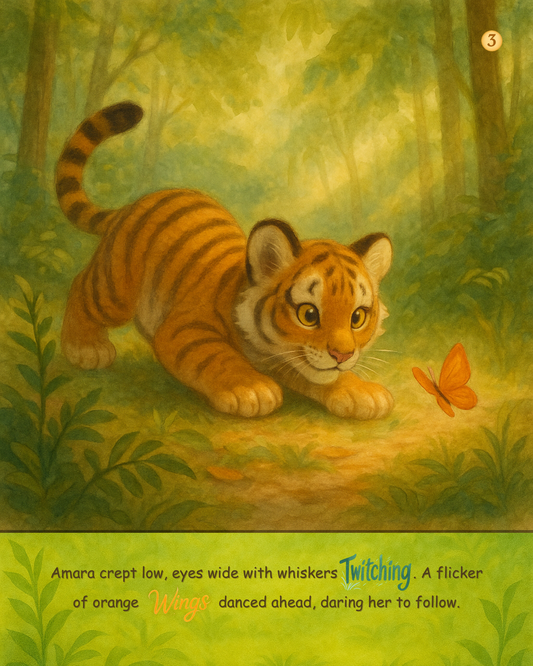 Illustration of a tiger cub in a forest with a butterfly.