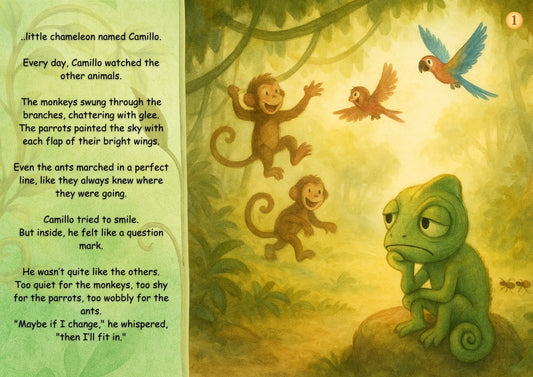 Illustration of a chameleon, monkeys, and parrots in a jungle setting with text on the left.