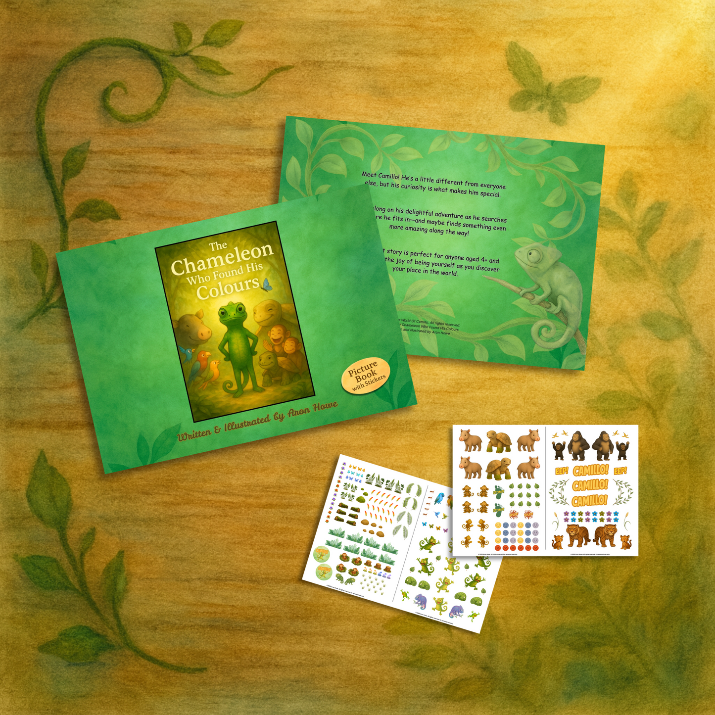Children's book titled 'The Chameleon Who found His Colours' with stickers on a wooden surface.