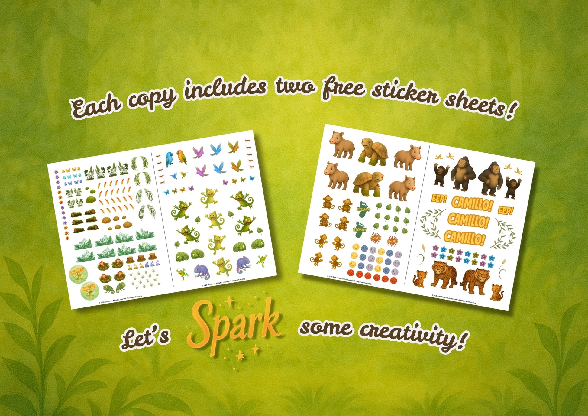 Two sheets of stickers on a green background with text about free sticker sheets included.