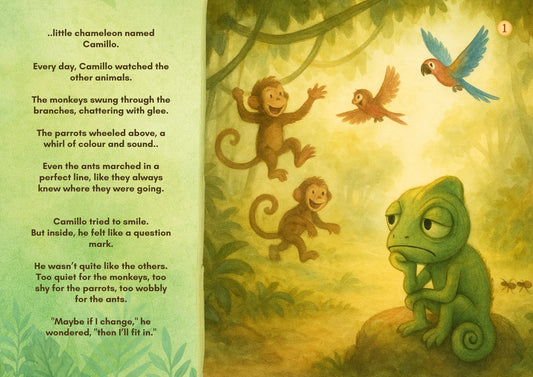 Illustrated book page with a chameleon, monkeys, and parrots in a jungle setting.