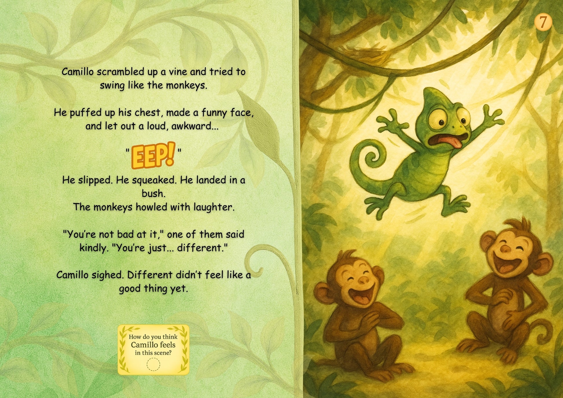 Illustrated book page with a green lizard and two monkeys in a jungle setting.