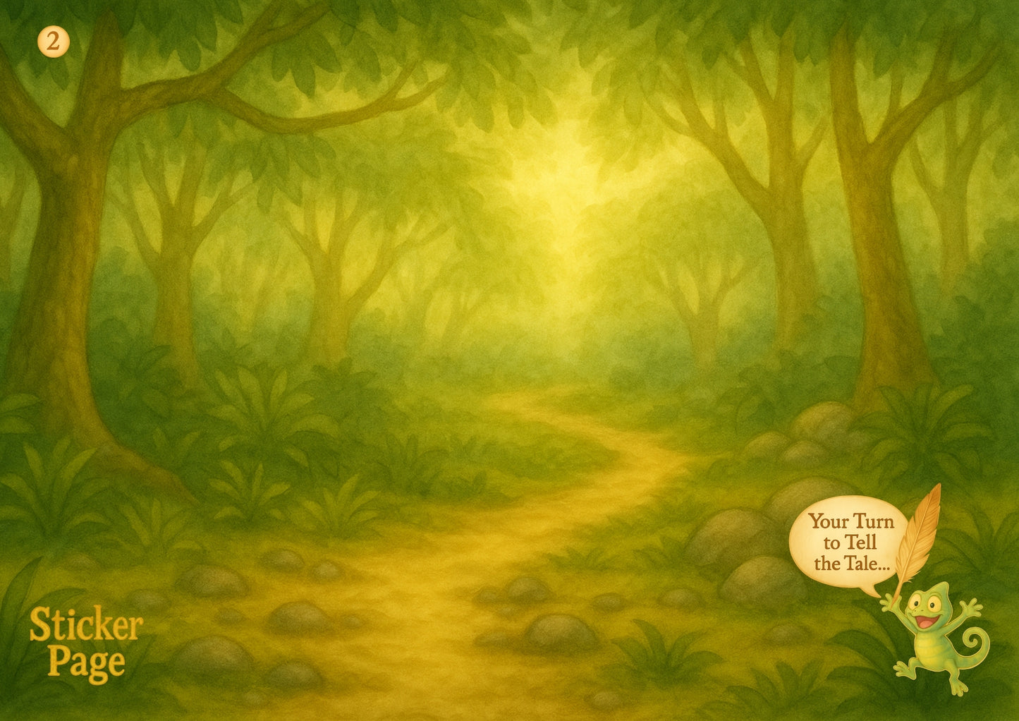 Illustration of a forest path with a glowing light at the end, featuring a sticker page and a character.