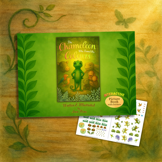 Children's book titled 'The Chameleon Who Found His Colours' with stickers on a green background